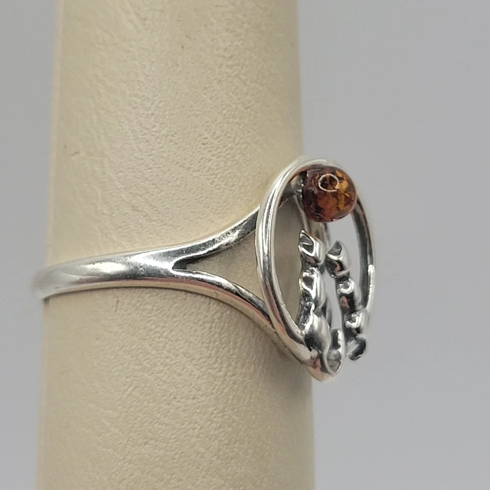 925 Sterling Silver Cat Ring Amber Stone Handmade Womens Size 8.5 Cute Unique